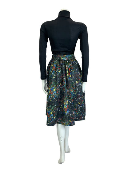 VTG 60S 70S BLACK RED BLUE GREEN YELLOW FLORAL DOTTY TIE WAIST SWING SKIRT XS 6