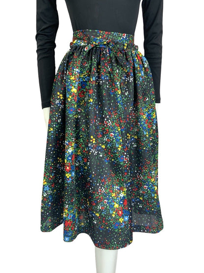 VTG 60S 70S BLACK RED BLUE GREEN YELLOW FLORAL DOTTY TIE WAIST SWING SKIRT XS 6