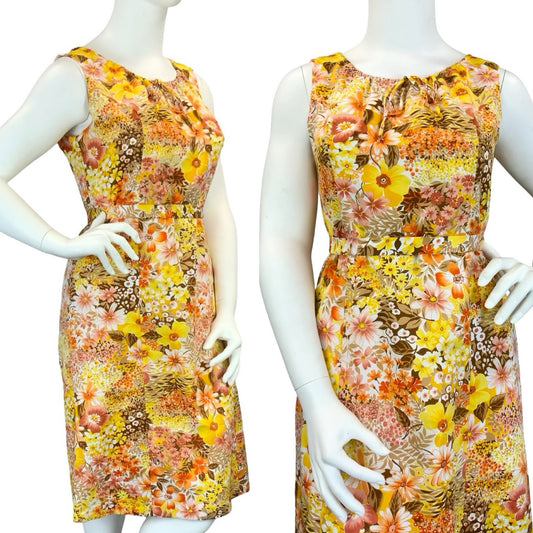 VTG 60S 70S YELLOW ORANGE BROWN RETRO FLORAL TIE WAIST MOD MIDI DRESS 14
