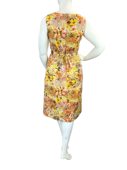 VTG 60S 70S YELLOW ORANGE BROWN RETRO FLORAL TIE WAIST MOD MIDI DRESS 14