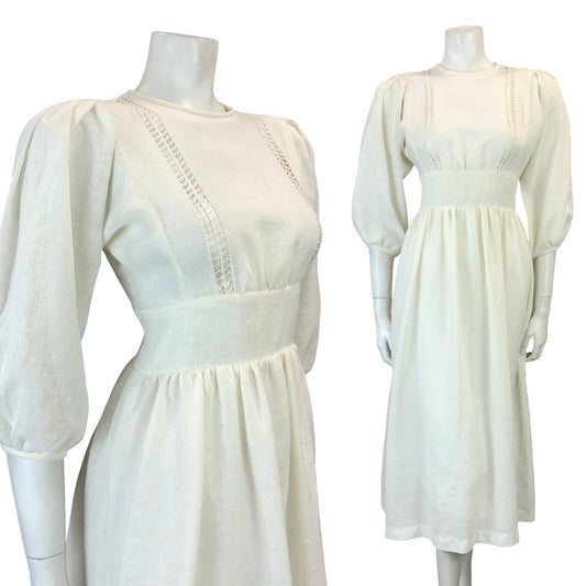 VTG 60S 70S OFF WHITE CROTCHET PUFF SLEEVE PRAIRIE BOHO COTTAGE MIDI DRESS 10