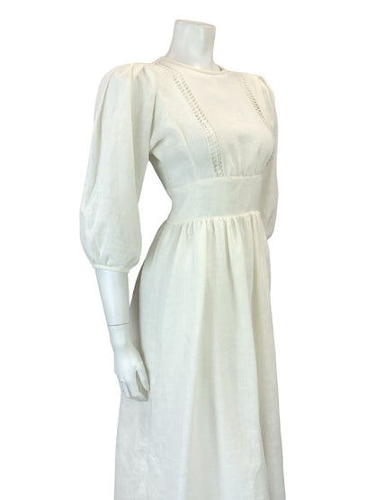 VTG 60S 70S OFF WHITE CROTCHET PUFF SLEEVE PRAIRIE BOHO COTTAGE MIDI DRESS 10
