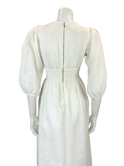VTG 60S 70S OFF WHITE CROTCHET PUFF SLEEVE PRAIRIE BOHO COTTAGE MIDI DRESS 10