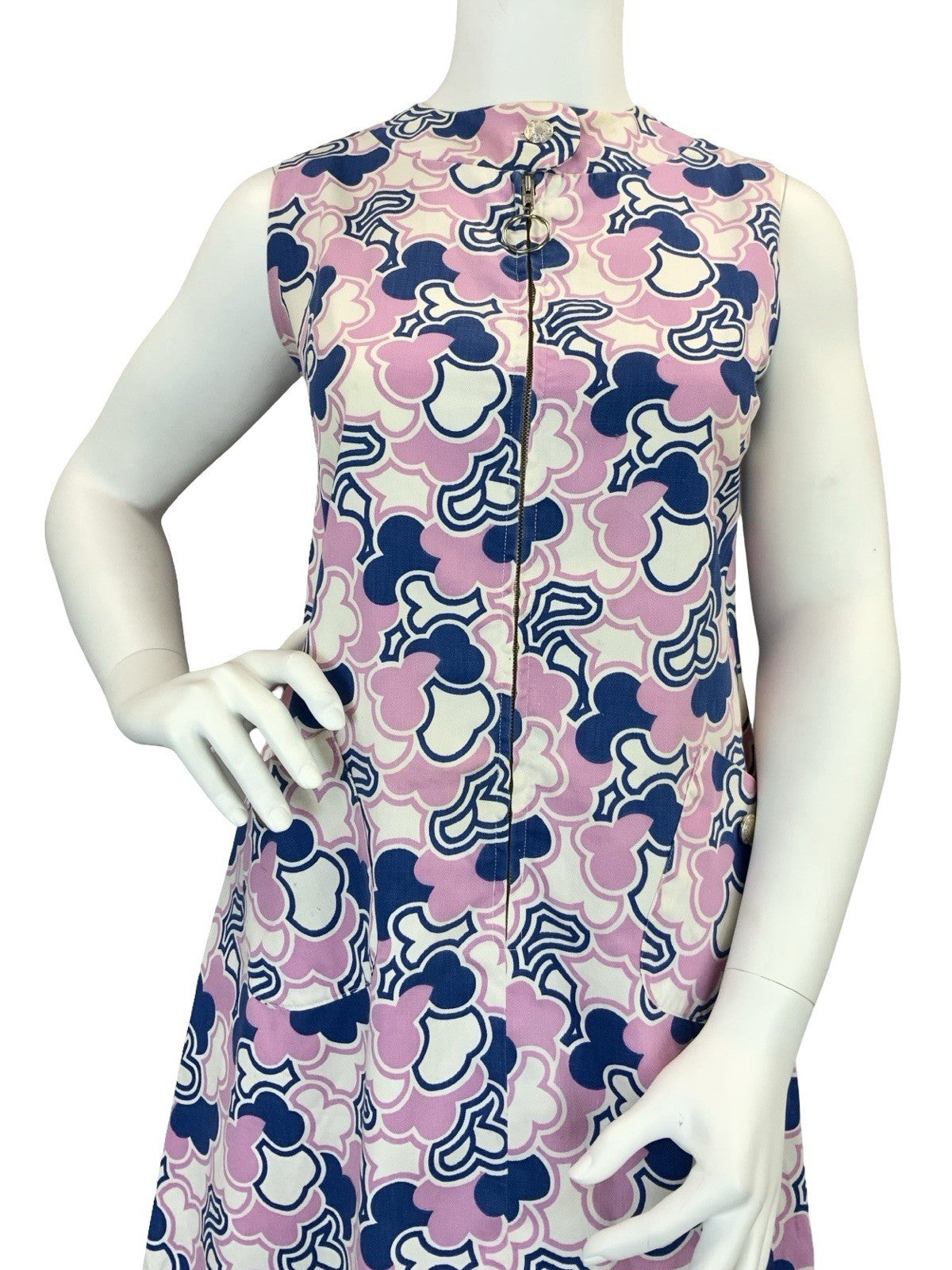 VTG 60S PURPLE NAVY BLUE WHITE MOD SCOOTER GEOMETRIC CLOUD SHIFT DRESS 16