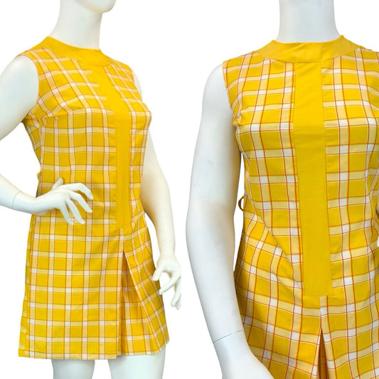 VTG 60S 70S YELLOW RED WHITE PLAID RETRO MOD PLEAT PLAYSUIT JUMPSUIT 16 14