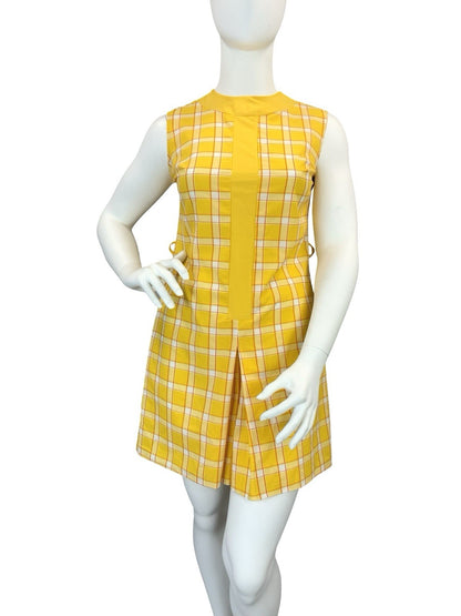VTG 60S 70S YELLOW RED WHITE PLAID RETRO MOD PLEAT PLAYSUIT JUMPSUIT 16 14