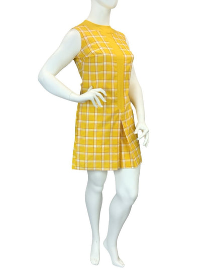 VTG 60S 70S YELLOW RED WHITE PLAID RETRO MOD PLEAT PLAYSUIT JUMPSUIT 16 14