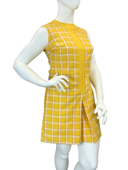 VTG 60S 70S YELLOW RED WHITE PLAID RETRO MOD PLEAT PLAYSUIT JUMPSUIT 16 14