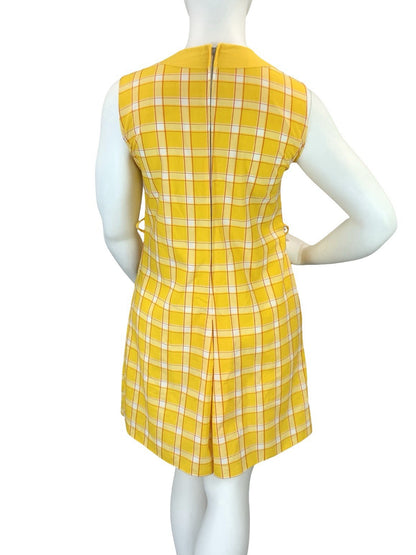 VTG 60S 70S YELLOW RED WHITE PLAID RETRO MOD PLEAT PLAYSUIT JUMPSUIT 16 14