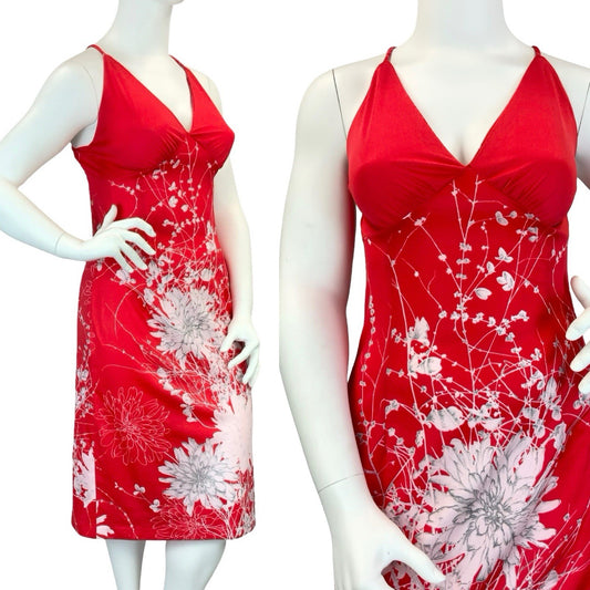 VTG 60S 70S BRIGHT RED WHITE FLOWER FLORAL STRAPPY CROSS BACK MIDI DRESS 14 16
