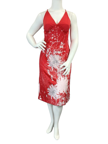 VTG 60S 70S BRIGHT RED WHITE FLOWER FLORAL STRAPPY CROSS BACK MIDI DRESS 14 16