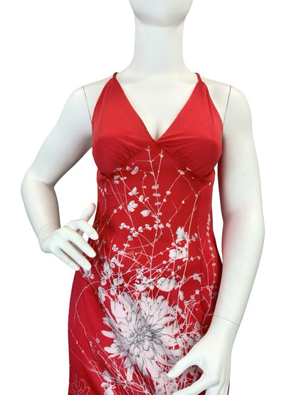 VTG 60S 70S BRIGHT RED WHITE FLOWER FLORAL STRAPPY CROSS BACK MIDI DRESS 14 16