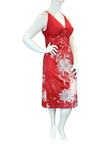 VTG 60S 70S BRIGHT RED WHITE FLOWER FLORAL STRAPPY CROSS BACK MIDI DRESS 14 16