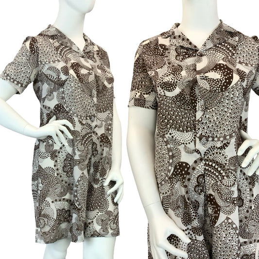 VTG 60S 70S BROWN WHITE PSYCHEDELIC DOTTY JOHNNY COLLAR SHIRT DRESS 16