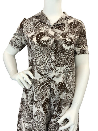 VTG 60S 70S BROWN WHITE PSYCHEDELIC DOTTY JOHNNY COLLAR SHIRT DRESS 16