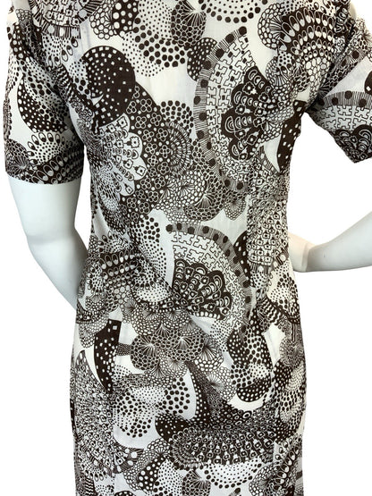 VTG 60S 70S BROWN WHITE PSYCHEDELIC DOTTY JOHNNY COLLAR SHIRT DRESS 16
