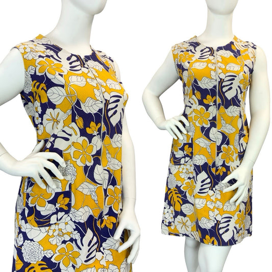 VTG 60S 70S BLUE WHITE YELLOW FLORAL MONSTERA ZIP UP SHIFT DRESS 16