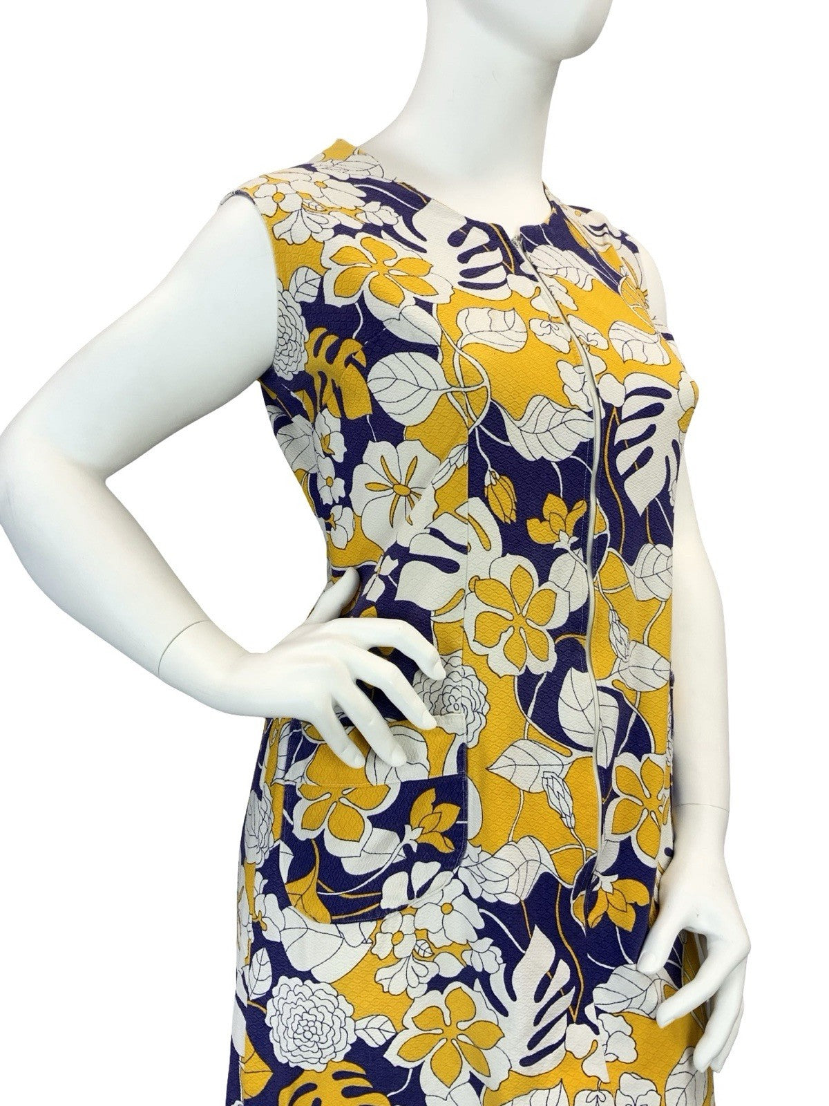VTG 60S 70S BLUE WHITE YELLOW FLORAL MONSTERA ZIP UP SHIFT DRESS 16