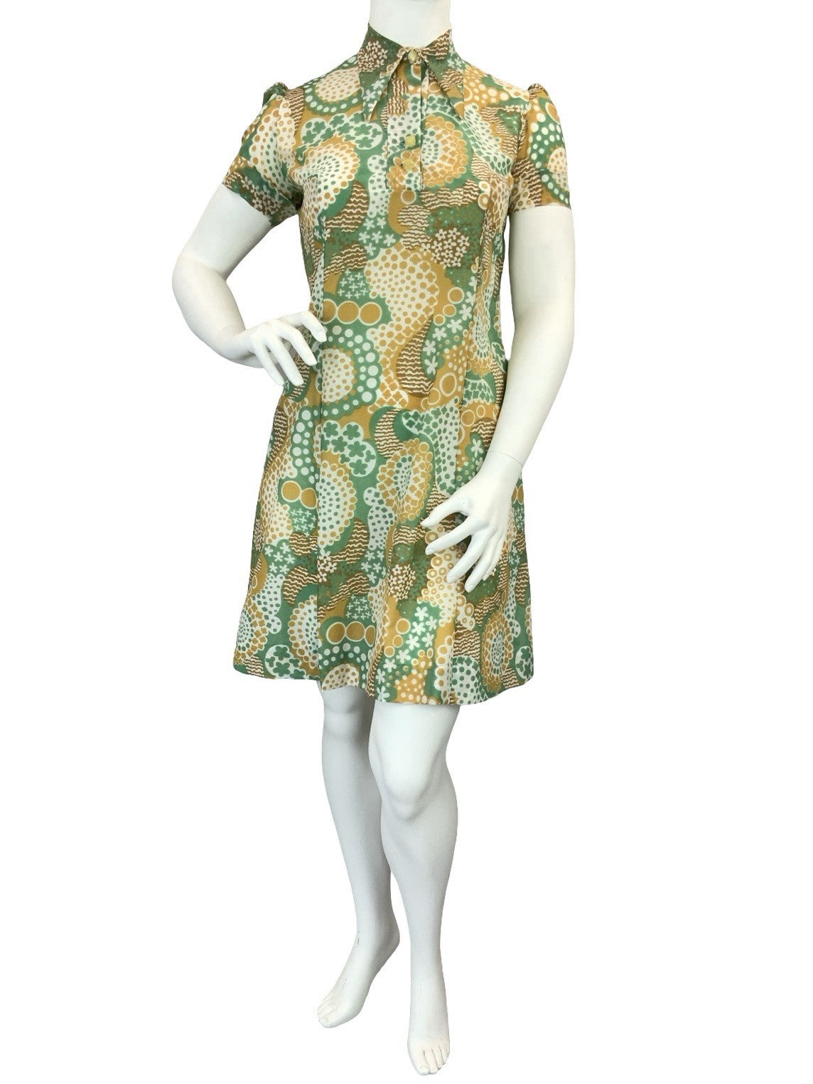 VTG 60S 70S GREEN BROWN WHITE DOTTY WAVY PSYCHEDELIC DAGGER SHIRT DRESS 16