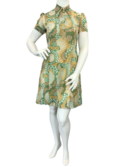 VTG 60S 70S GREEN BROWN WHITE DOTTY WAVY PSYCHEDELIC DAGGER SHIRT DRESS 16