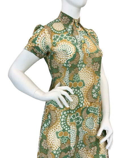 VTG 60S 70S GREEN BROWN WHITE DOTTY WAVY PSYCHEDELIC DAGGER SHIRT DRESS 16