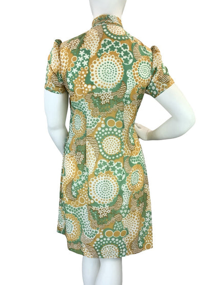 VTG 60S 70S GREEN BROWN WHITE DOTTY WAVY PSYCHEDELIC DAGGER SHIRT DRESS 16