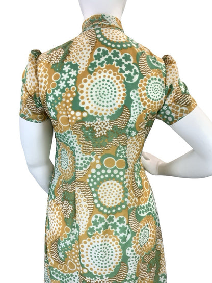 VTG 60S 70S GREEN BROWN WHITE DOTTY WAVY PSYCHEDELIC DAGGER SHIRT DRESS 16
