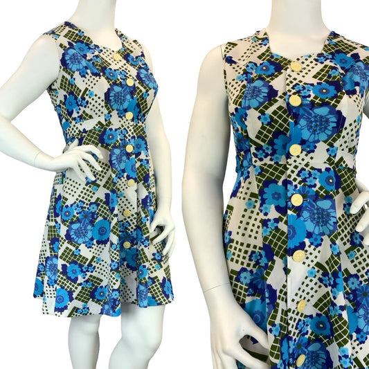 VTG 60S 70S WHITE BLUE GREEN FLORAL SWEETHEART TIE WAIST A LINE MINI DRESS 14