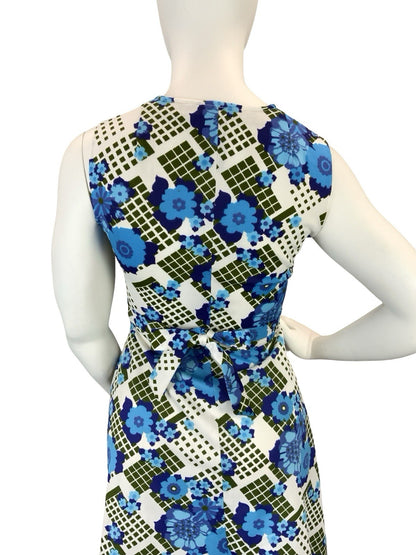 VTG 60S 70S WHITE BLUE GREEN FLORAL SWEETHEART TIE WAIST A LINE MINI DRESS 14