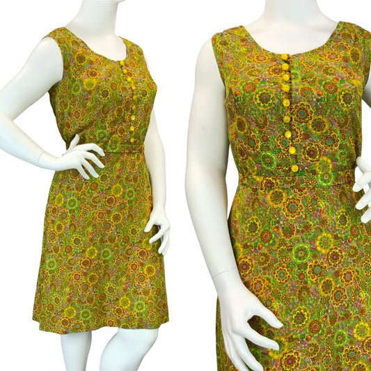 VTG 60S 70S GREEN ORANGE YELLOW PSYCHEDELIC FLORAL BELT SUN DRESS 16