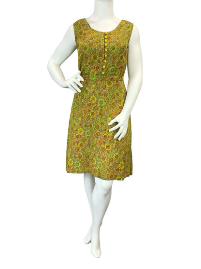 VTG 60S 70S GREEN ORANGE YELLOW PSYCHEDELIC FLORAL BELT SUN DRESS 16