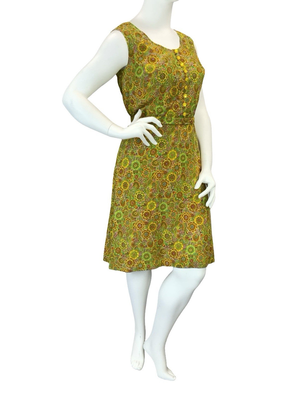 VTG 60S 70S GREEN ORANGE YELLOW PSYCHEDELIC FLORAL BELT SUN DRESS 16