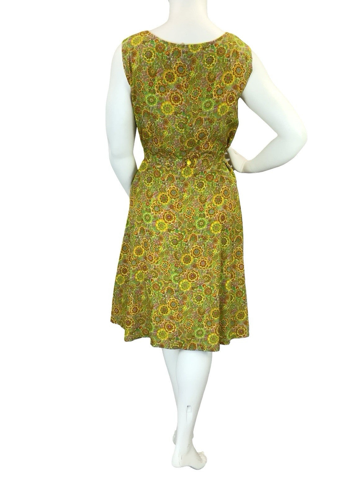 VTG 60S 70S GREEN ORANGE YELLOW PSYCHEDELIC FLORAL BELT SUN DRESS 16