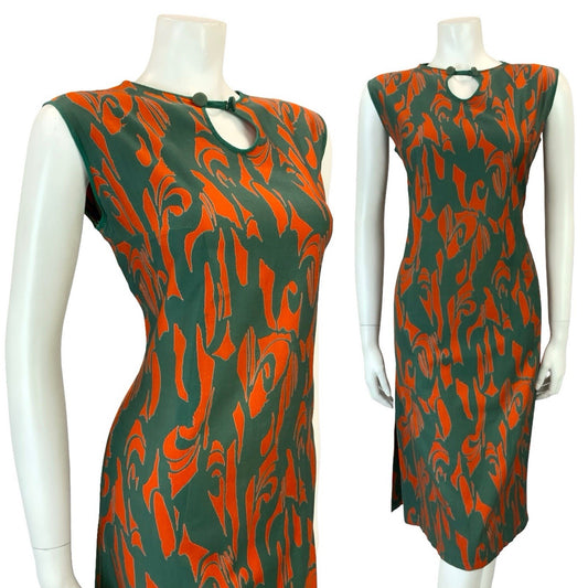 VTG 60S GREEN ORANGE MOD PSYCHEDELIC SHIFT KEYHOLE SLEEVELESS DRESS 10