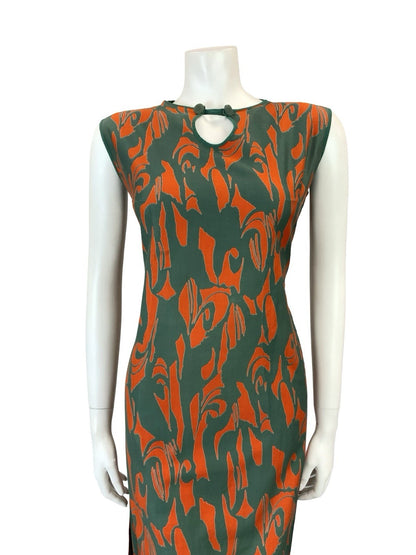 VTG 60S GREEN ORANGE MOD PSYCHEDELIC SHIFT KEYHOLE SLEEVELESS DRESS 10