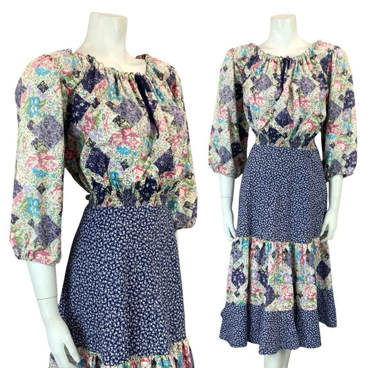VTG 60S 70S WHITE BLUE PINK PATCHWORK TIERED ELASTICATED COTTAGE DRESS 14 16