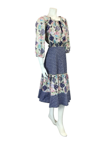 VTG 60S 70S WHITE BLUE PINK PATCHWORK TIERED ELASTICATED COTTAGE DRESS 14 16