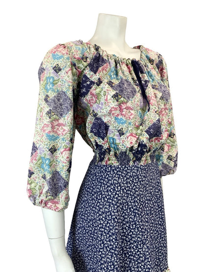 VTG 60S 70S WHITE BLUE PINK PATCHWORK TIERED ELASTICATED COTTAGE DRESS 14 16