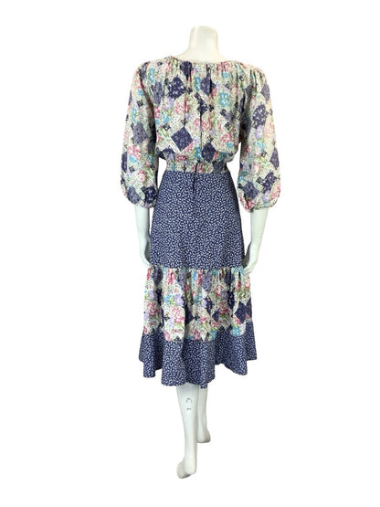VTG 60S 70S WHITE BLUE PINK PATCHWORK TIERED ELASTICATED COTTAGE DRESS 14 16