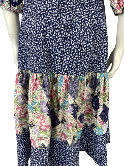 VTG 60S 70S WHITE BLUE PINK PATCHWORK TIERED ELASTICATED COTTAGE DRESS 14 16