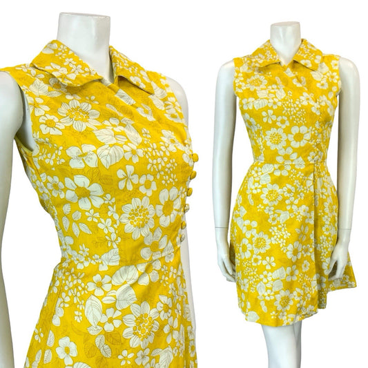 VTG 60S 70S YELLOW WHITE PSYCHEDELIC FLORAL ASYMMETRIC WRAP MINI SHIRT DRESS 8