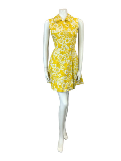 VTG 60S 70S YELLOW WHITE PSYCHEDELIC FLORAL ASYMMETRIC WRAP MINI SHIRT DRESS 8