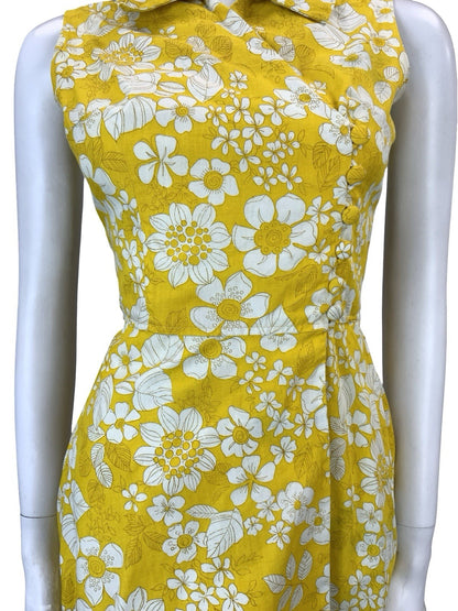 VTG 60S 70S YELLOW WHITE PSYCHEDELIC FLORAL ASYMMETRIC WRAP MINI SHIRT DRESS 8