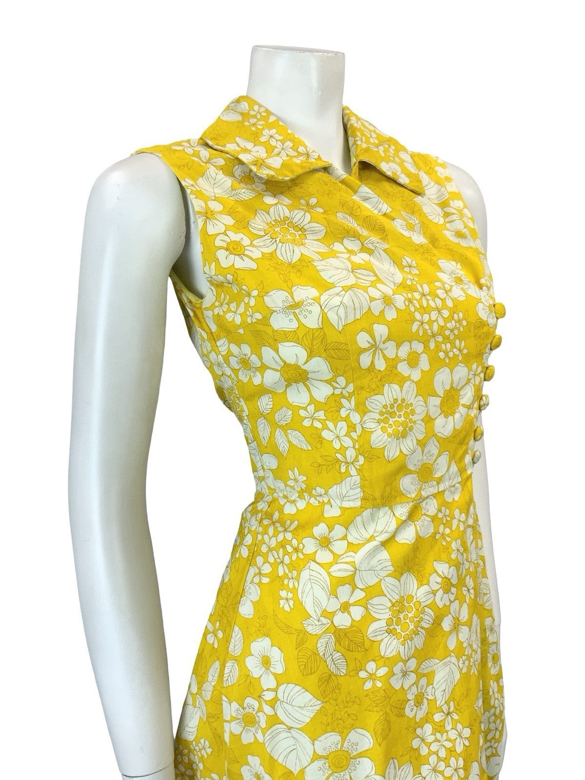 VTG 60S 70S YELLOW WHITE PSYCHEDELIC FLORAL ASYMMETRIC WRAP MINI SHIRT DRESS 8