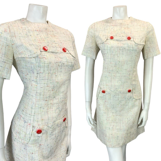 VTG 60S 70S CREAM RED BLUE YELLOW GREEN CROSS HATCH MOD SECRETARY MINI DRESS 10