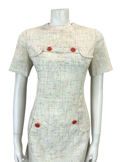 VTG 60S 70S CREAM RED BLUE YELLOW GREEN CROSS HATCH MOD SECRETARY MINI DRESS 10