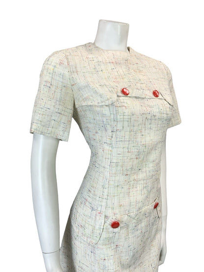 VTG 60S 70S CREAM RED BLUE YELLOW GREEN CROSS HATCH MOD SECRETARY MINI DRESS 10