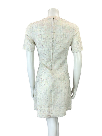 VTG 60S 70S CREAM RED BLUE YELLOW GREEN CROSS HATCH MOD SECRETARY MINI DRESS 10