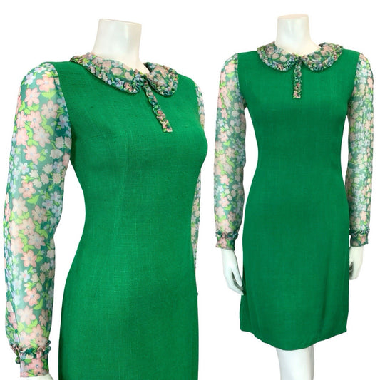 VTG 60S GREEN PINK PURPLE MOD FLORAL MESH RUFFLE PETER PAN COLLAR PENCIL DRESS 6