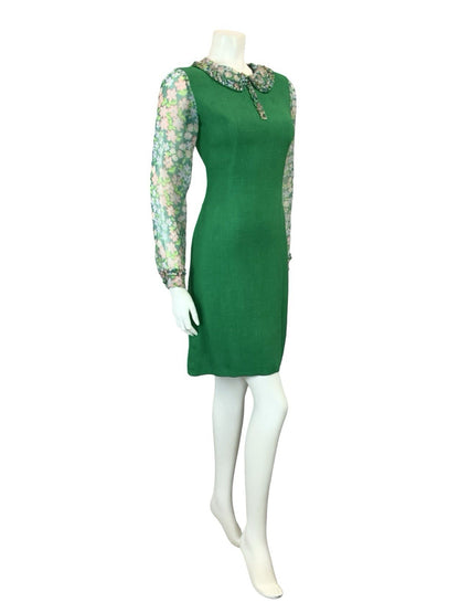 VTG 60S GREEN PINK PURPLE MOD FLORAL MESH RUFFLE PETER PAN COLLAR PENCIL DRESS 6